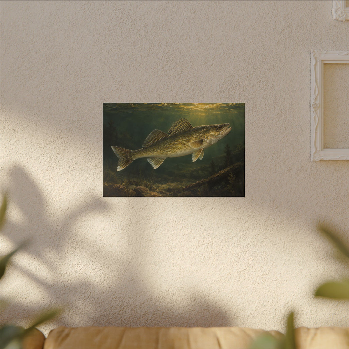 Classic Sporting Oil Walleye canvas hanging in a living room