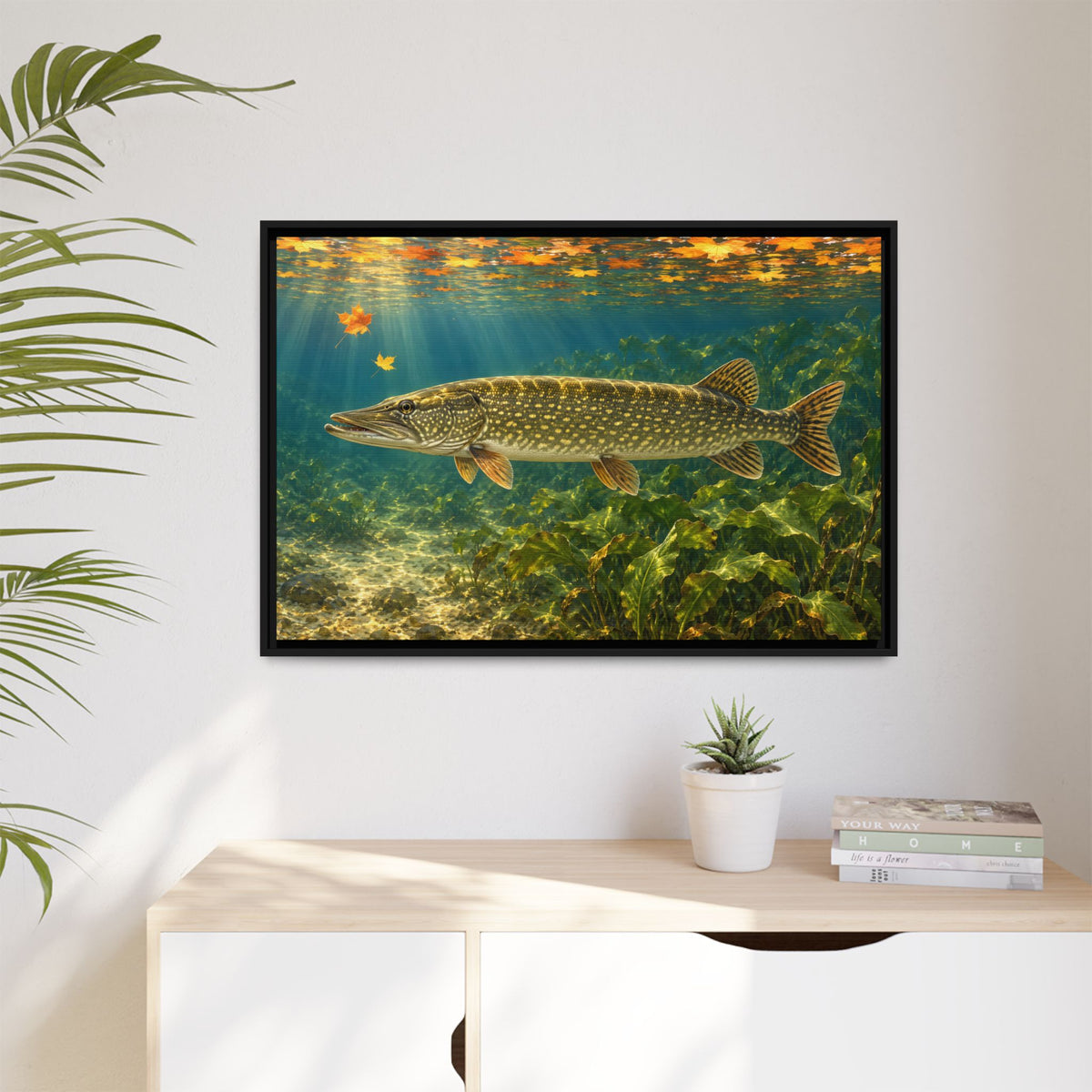 Autumn Cabbage Northern Pike framed canvas hanging in a living room