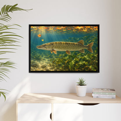 Autumn Cabbage Northern Pike framed canvas hanging in a living room