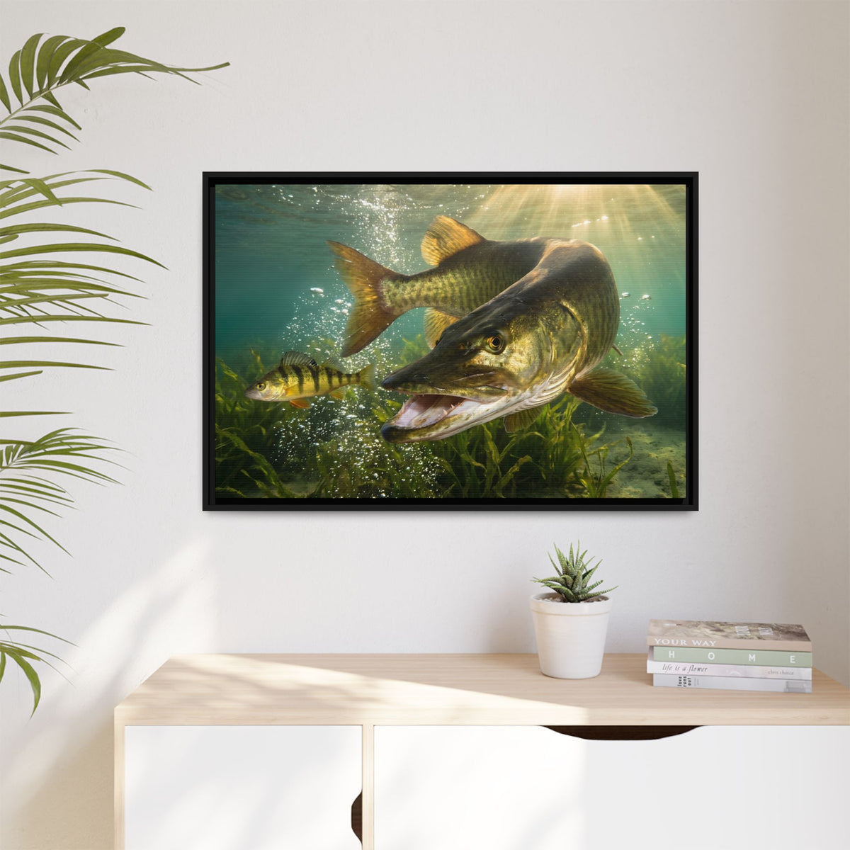 Yellow Perch Chase Muskie framed canvas hanging in a living room