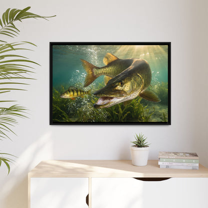 Yellow Perch Chase Muskie framed canvas hanging in a living room