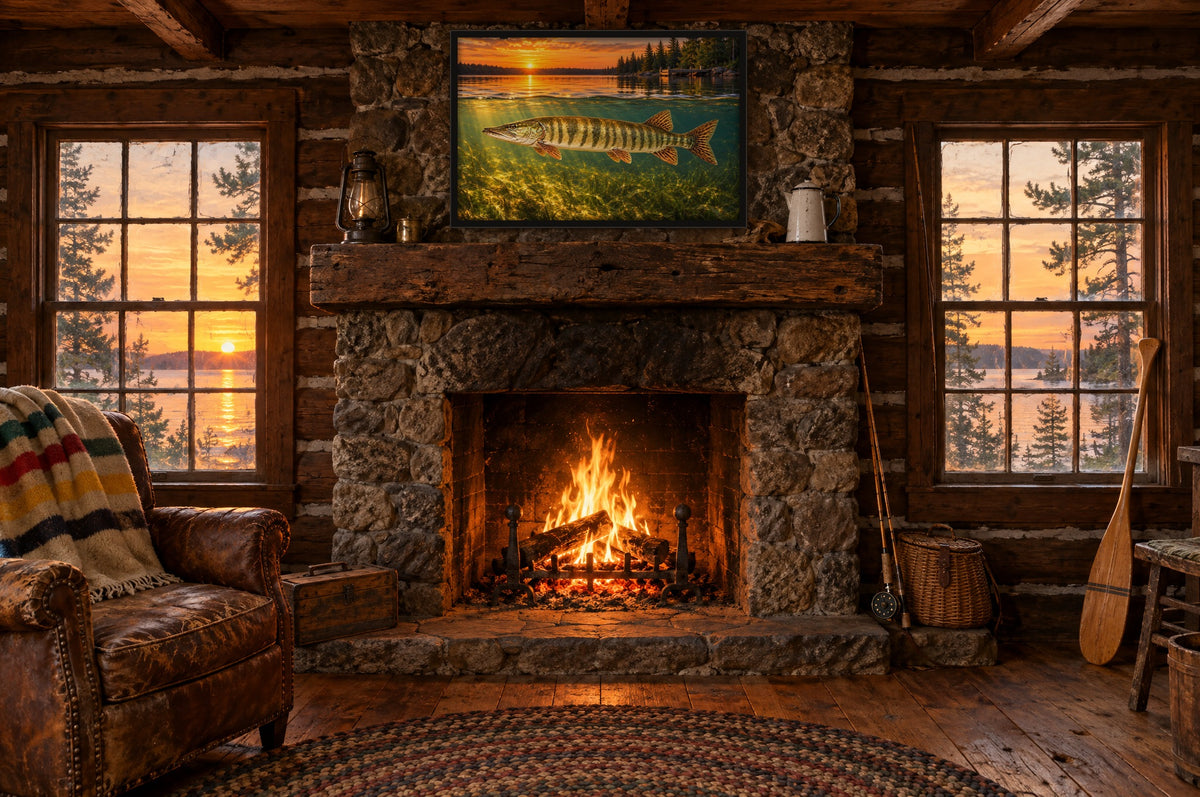 Northwoods Over-Under Muskie framed wall art above a fieldstone fireplace in a vintage log fishing cabin at sunset