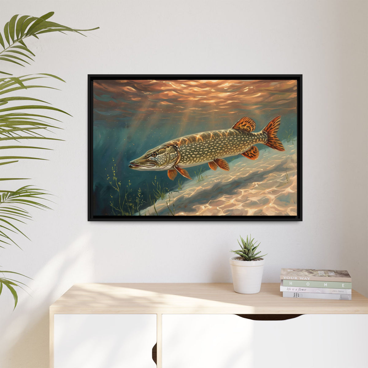 Sandbar Sunset Northern Pike framed canvas hanging in a living room