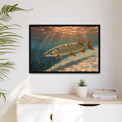 Sandbar Sunset Northern Pike framed canvas hanging in a living room