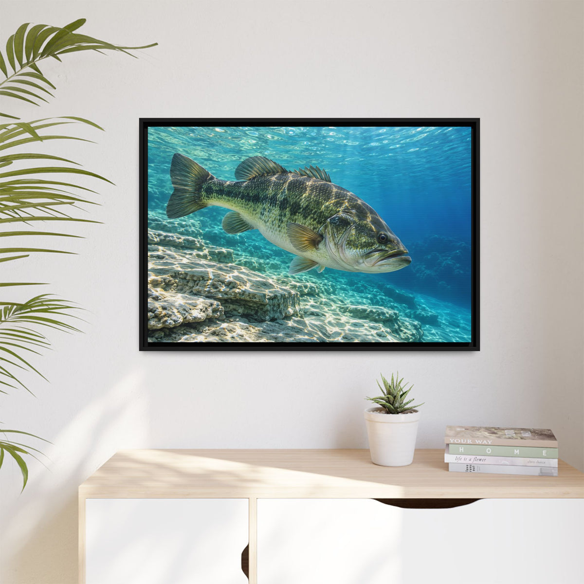 Turquoise Limestone Ledge Largemouth Bass framed canvas hanging in a living room