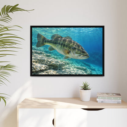 Turquoise Limestone Ledge Largemouth Bass framed canvas hanging in a living room