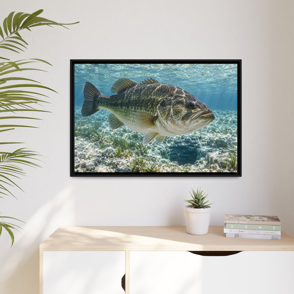 Crystal Spring Passage Largemouth Bass framed canvas hanging in a living room