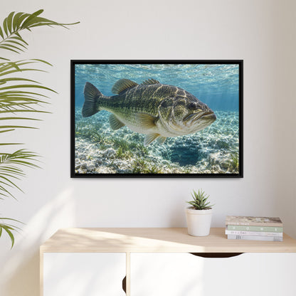 Crystal Spring Passage Largemouth Bass framed canvas hanging in a living room