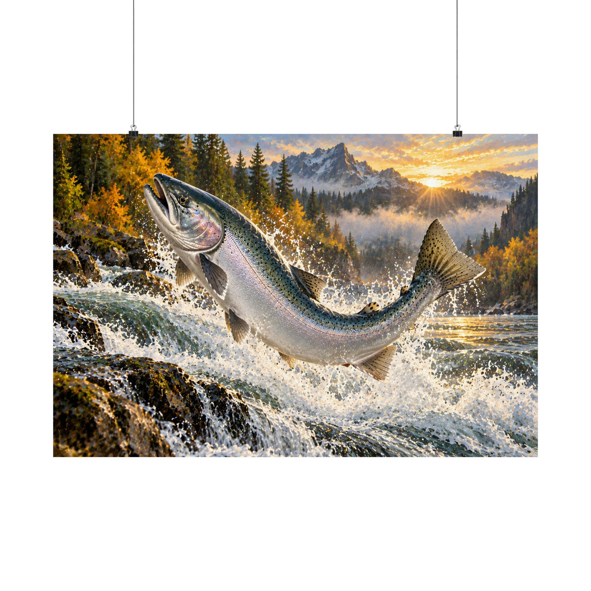 Sunrise Leap Coho Salmon poster wall art, 36x24 size view