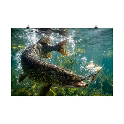 Northern Pike Spinnerbait Strike Poster — Action Wall Art for Anglers