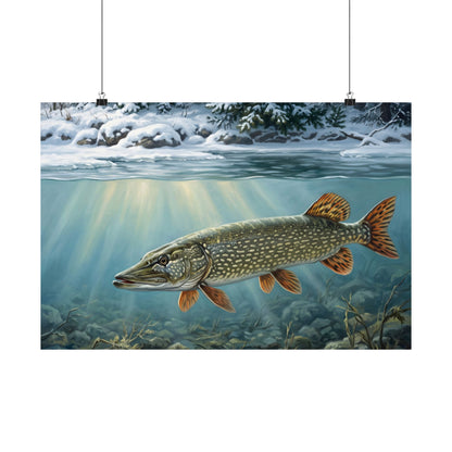 First Snow Northern Pike poster wall art, 18x12 size view