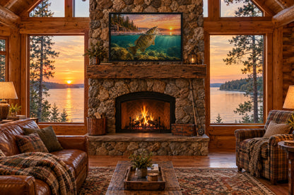 Topwater Dawn Smallmouth framed wall art above a stone fireplace in a log cabin overlooking a lake at sunset