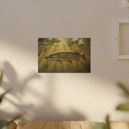 Lily Pad Dawn Northern Pike canvas hanging in a living room