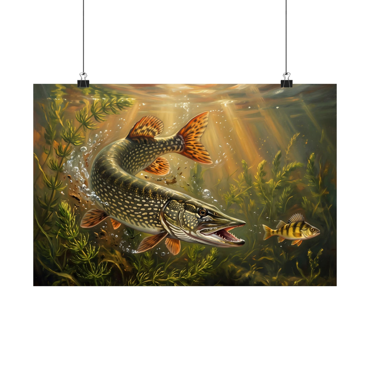 Perch Ambush Northern Pike poster wall art, 24x16 size view
