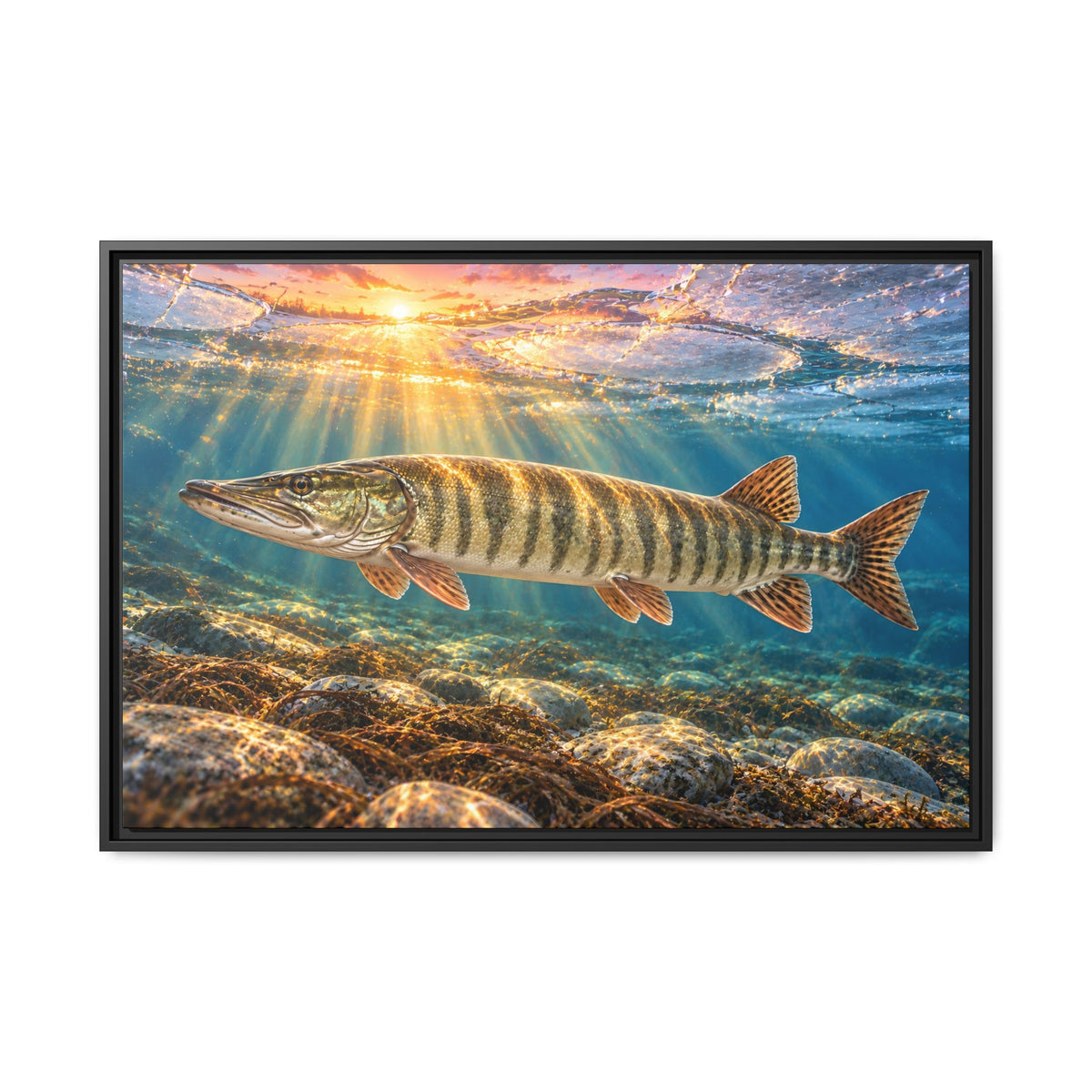 A big muskie glides through clear, ice-cold spring water at sunrise, fishing wall art framed canvas
