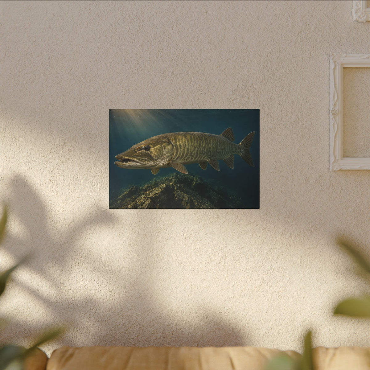 Golden Backlit Muskie Profile canvas hanging in a living room