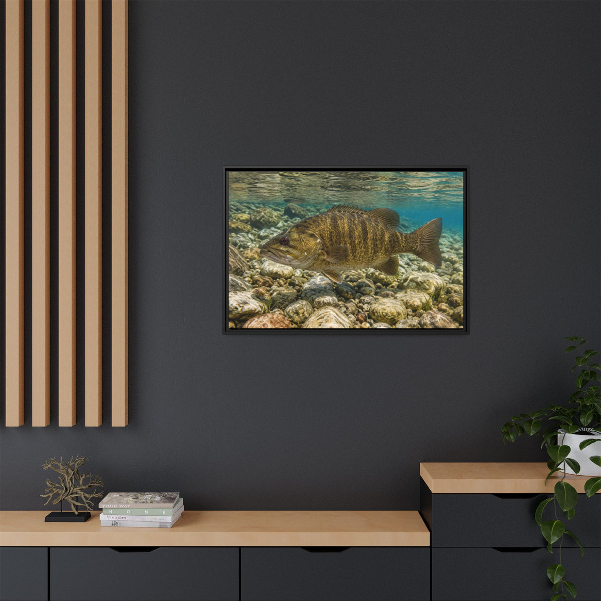 Rocky Riverbed Smallmouth Bass framed canvas wall art, view 6