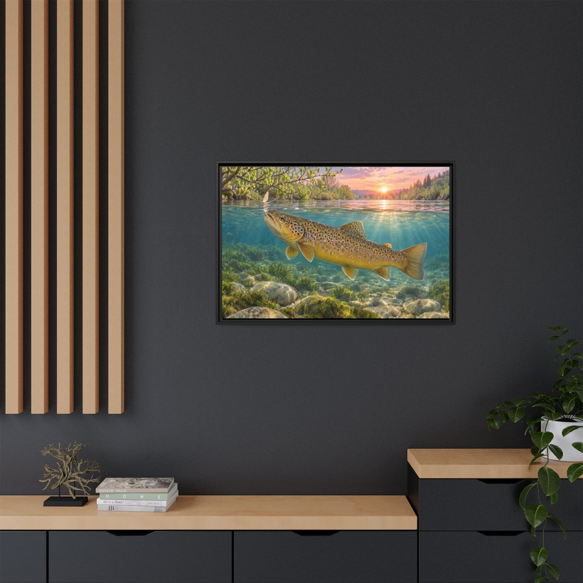 Spring Rise Brown Trout framed canvas wall art, view 6