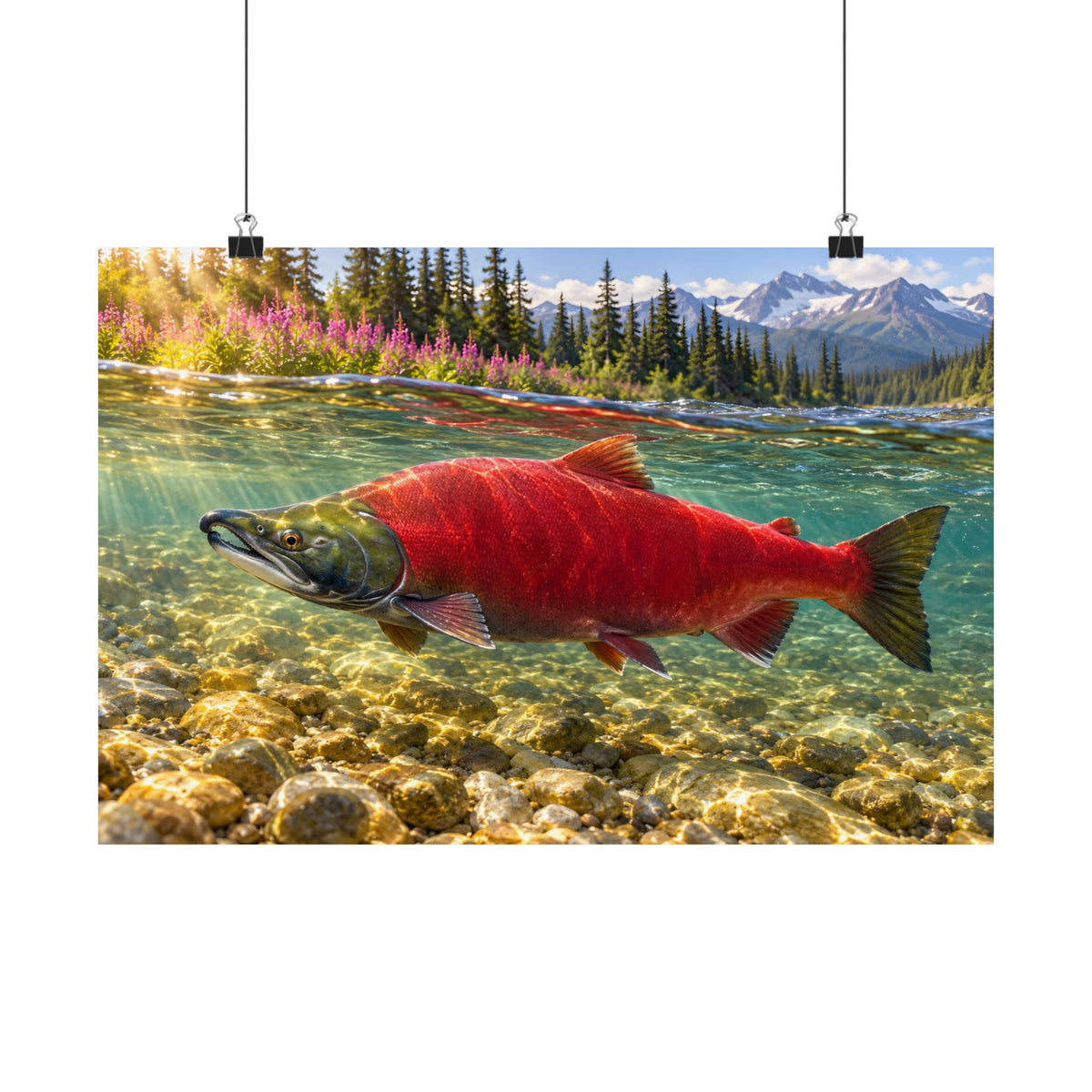 Crimson Run Sockeye Salmon poster wall art, 24x16 size view