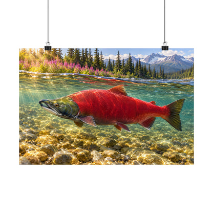 Crimson Run Sockeye Salmon poster wall art, 24x16 size view