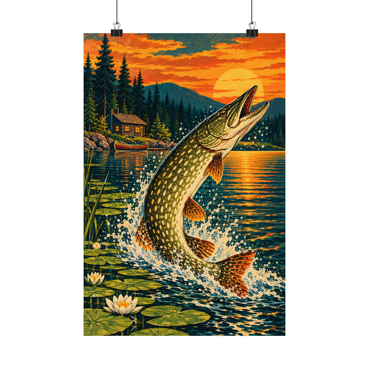Northern Pike Sunset Leap Vintage vertical poster wall art, 12x18 size view