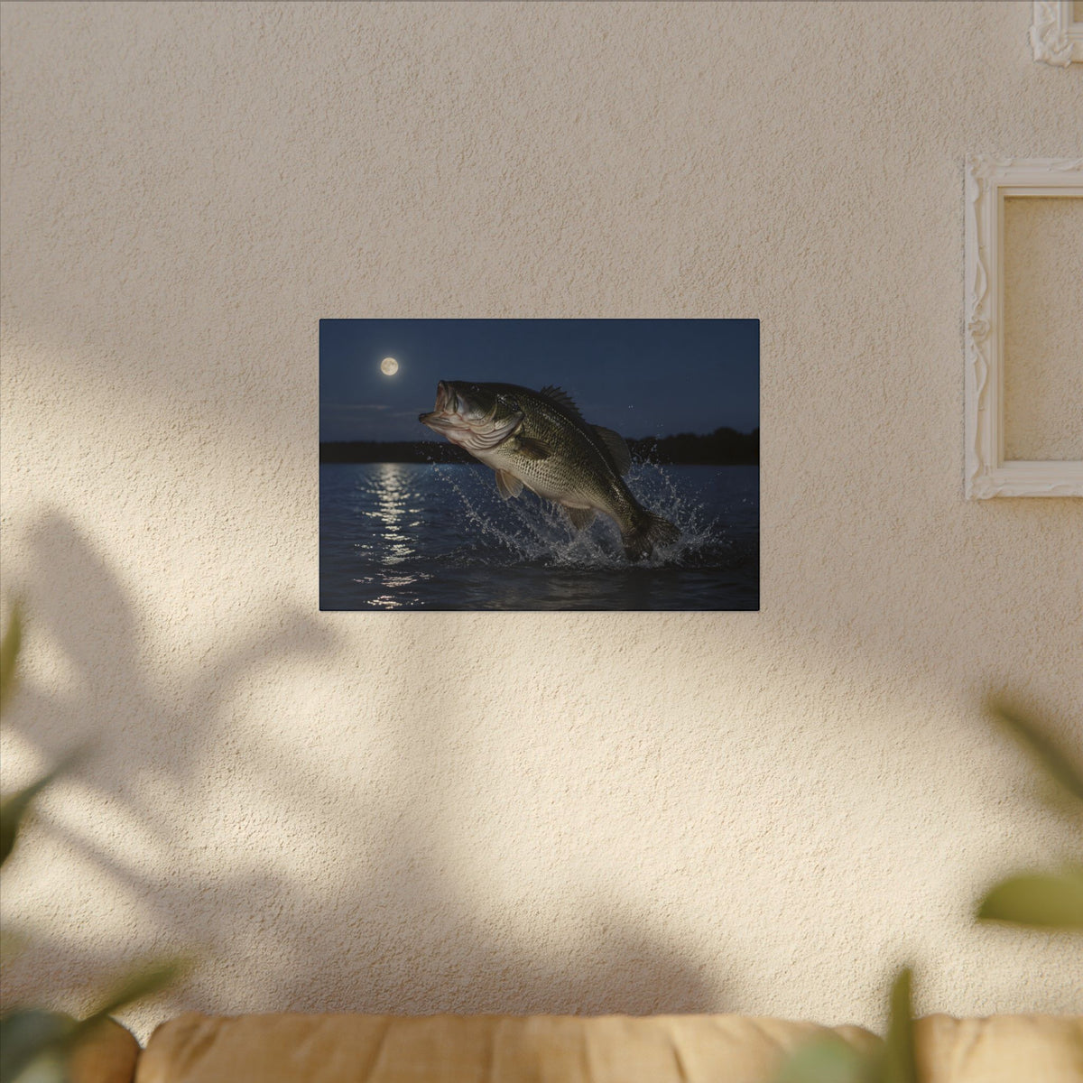 Moonlit Jump Largemouth Bass canvas hanging in a living room