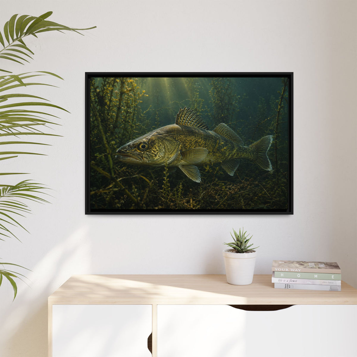 Weed Line Walleye framed canvas hanging in a living room