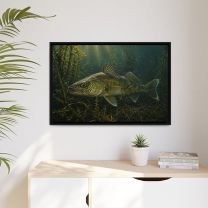 Weed Line Walleye framed canvas hanging in a living room