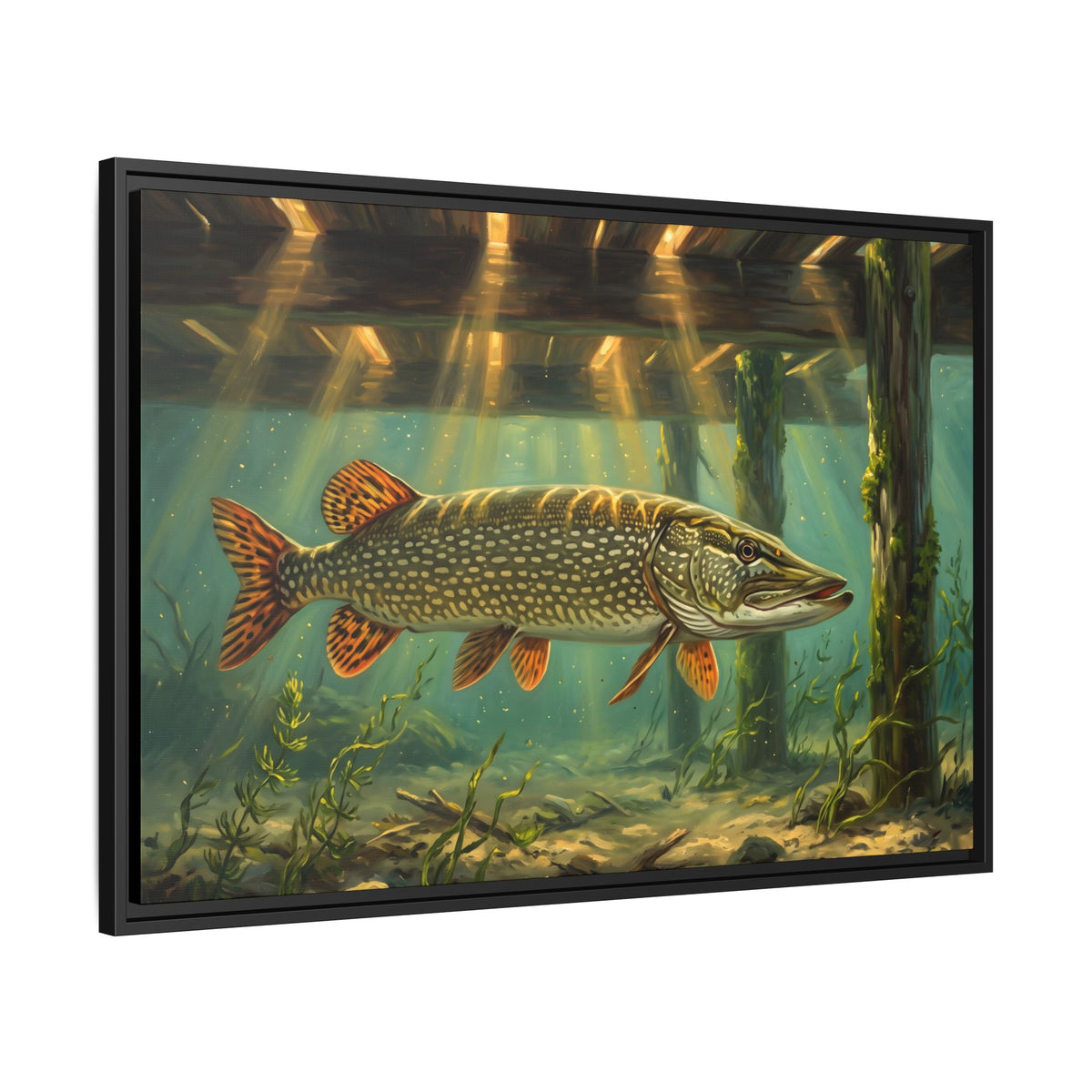 Under the Dock Northern Pike framed canvas, side angle
