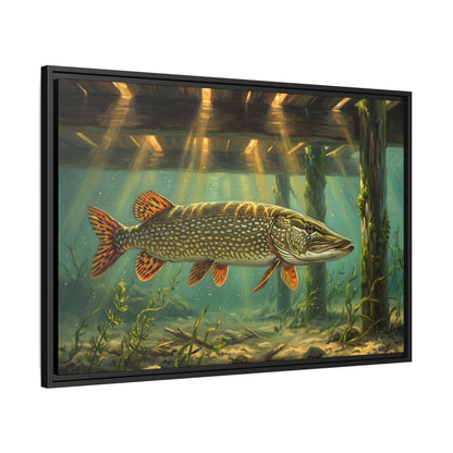 Under the Dock Northern Pike framed canvas, side angle
