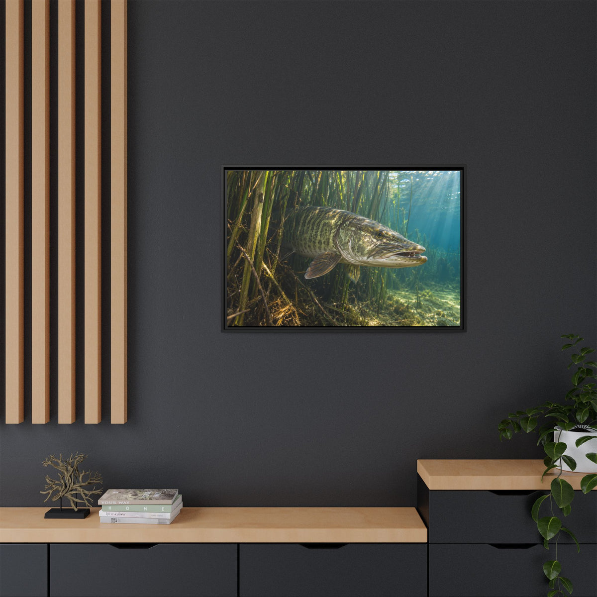 Reeds Mouth Open Muskie framed canvas in a home office