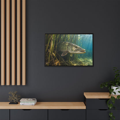 Reeds Mouth Open Muskie framed canvas in a home office