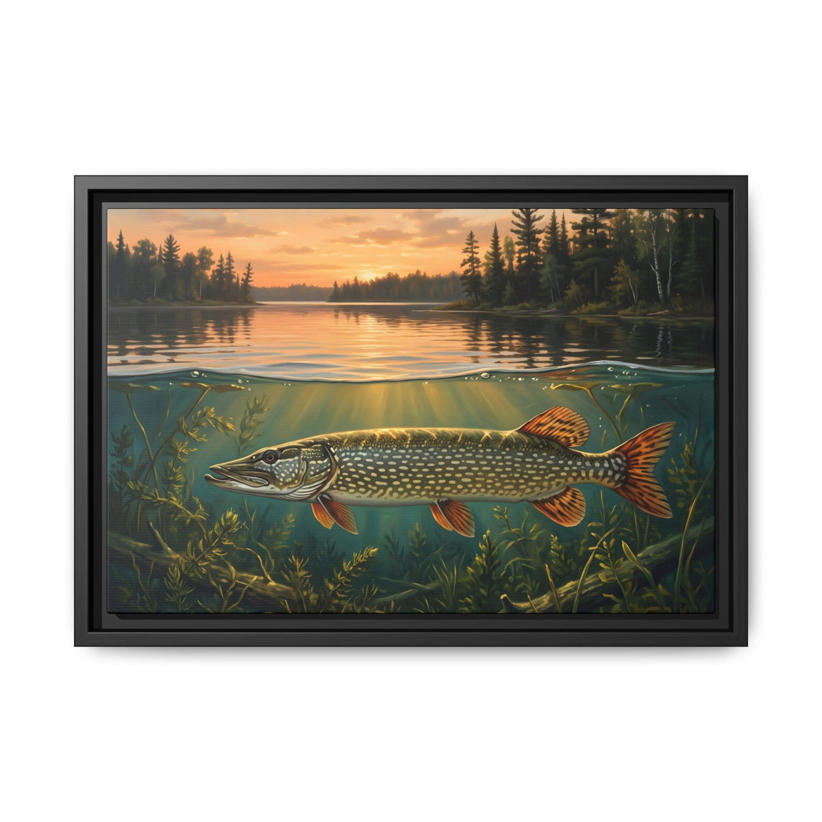 Northwoods Over-Under Northern Pike framed canvas, 24x16 size view