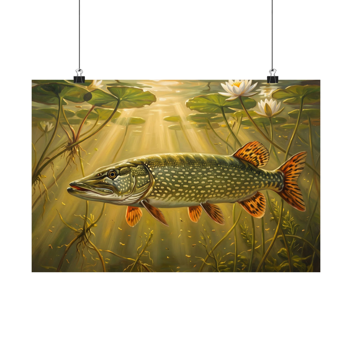 Lily Pad Dawn Northern Pike poster wall art, 24x16 size view