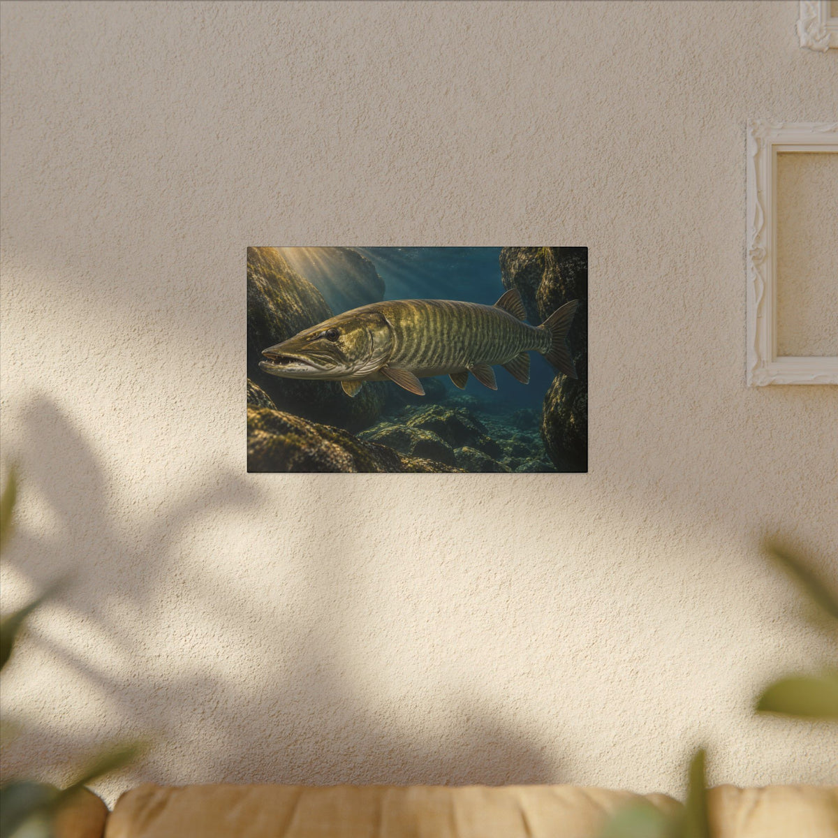 Boulder Cave Ambush Muskie canvas hanging in a living room