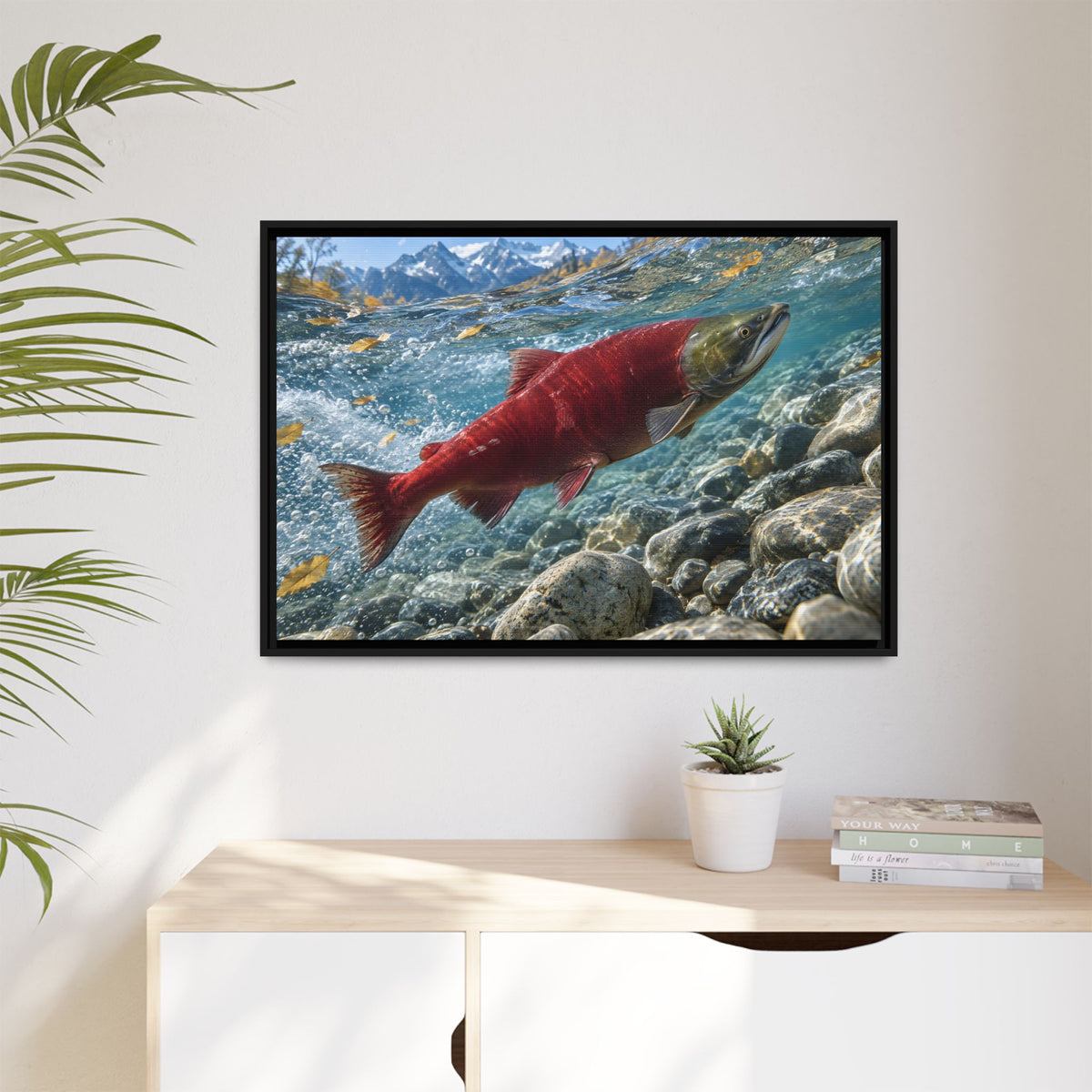 Crimson Ascent Sockeye Salmon framed canvas wall art, view 5