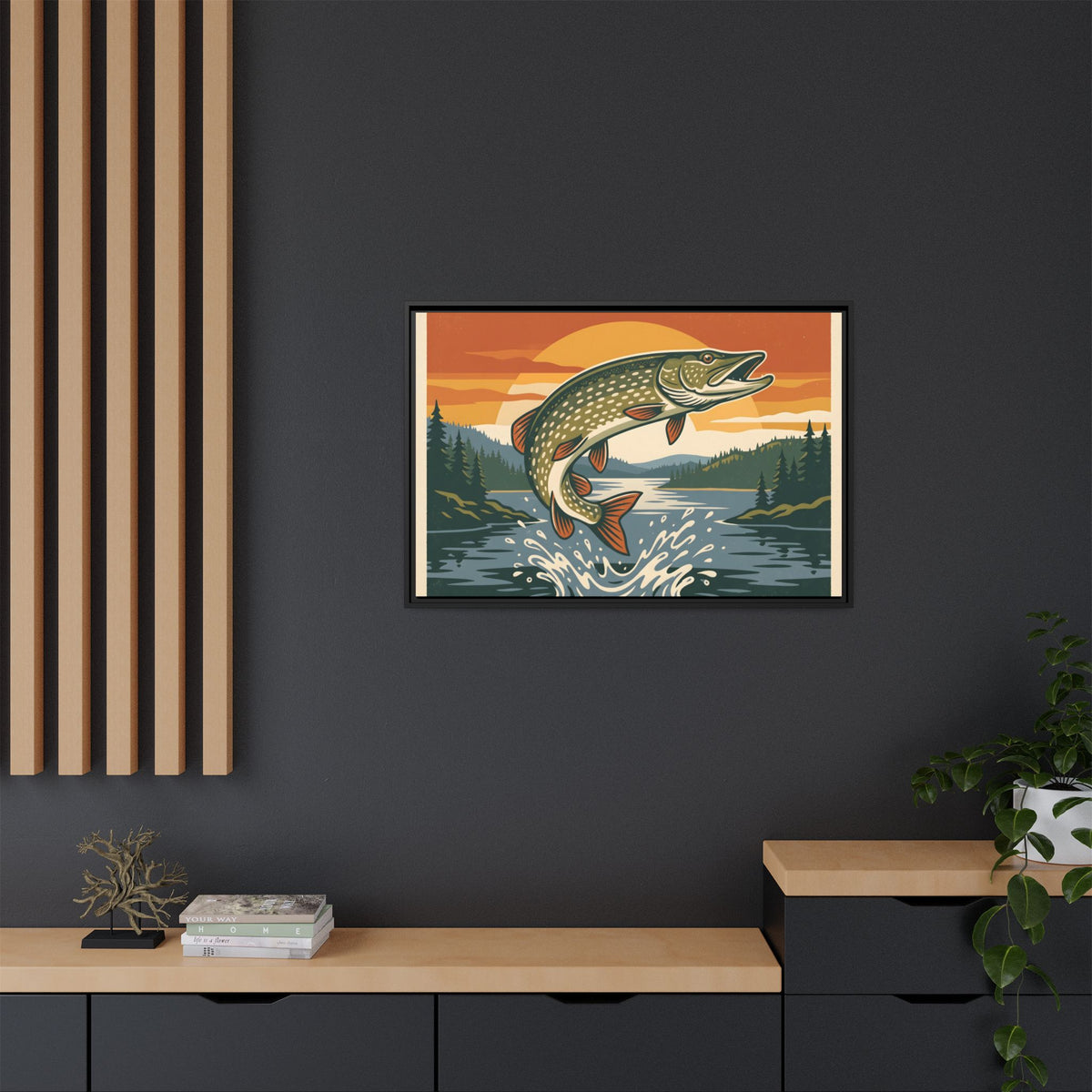 Vintage Lodge Northern Pike framed canvas in a home office