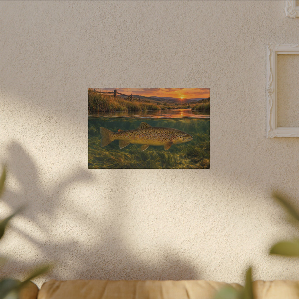 Meadow Over-Under Brown Trout canvas hanging in a living room