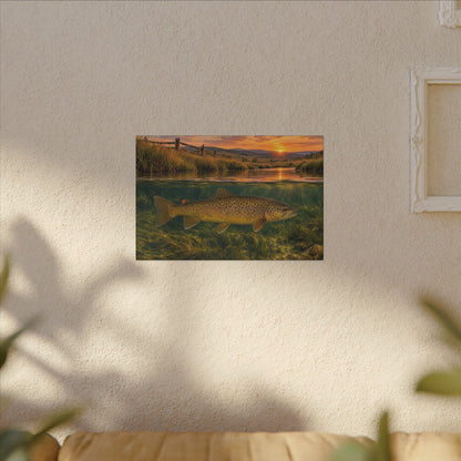 Meadow Over-Under Brown Trout canvas hanging in a living room