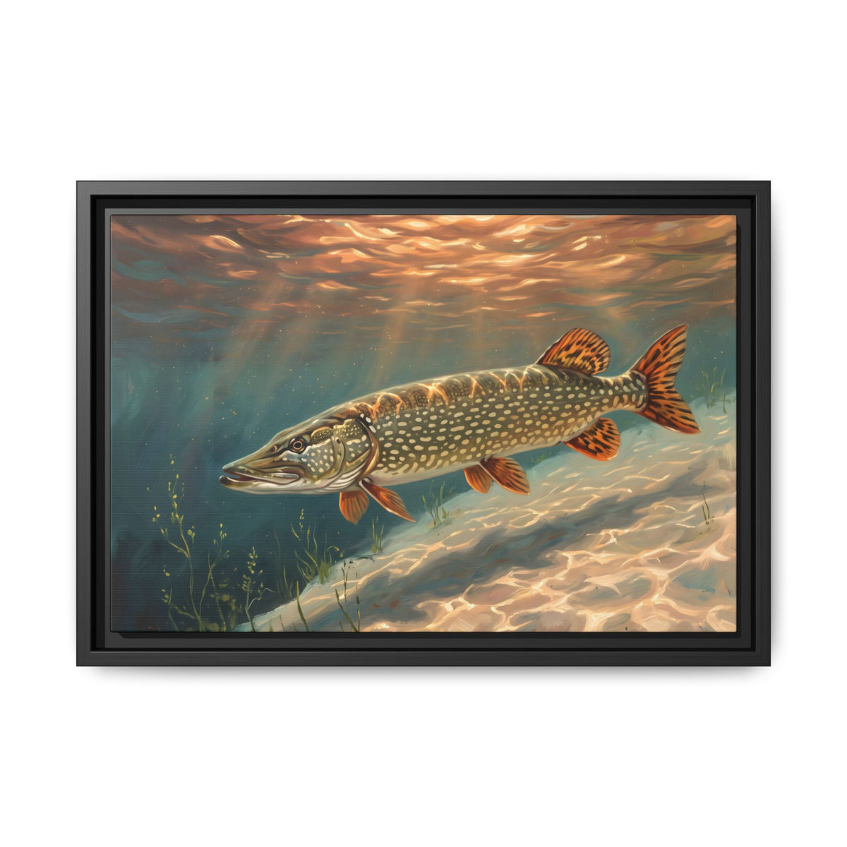 Sandbar Sunset Northern Pike framed canvas, 24x16 size view