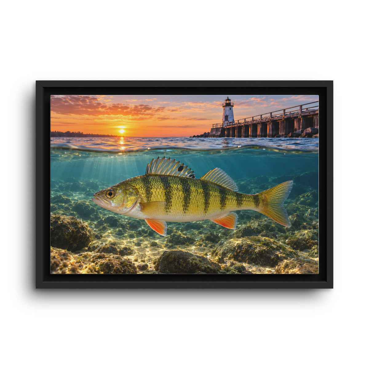 Lighthouse Sunrise Yellow Perch framed canvas wall art