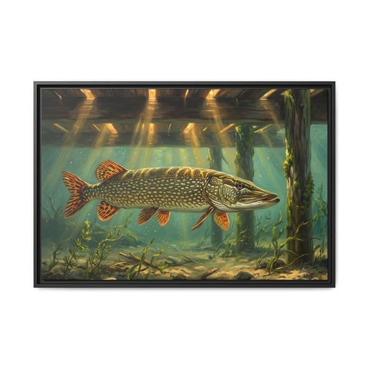 Under the Dock Northern Pike framed canvas, 18x12 size view