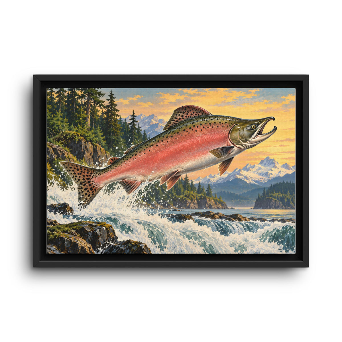 North Coast Leap Pink Salmon framed canvas wall art