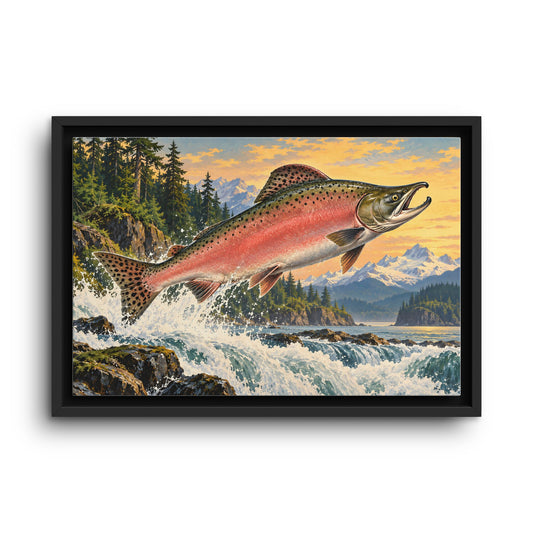 North Coast Leap Pink Salmon framed canvas wall art