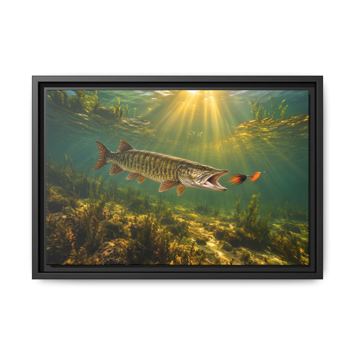 Bucktail Strike Muskie framed canvas, 24x16 size view