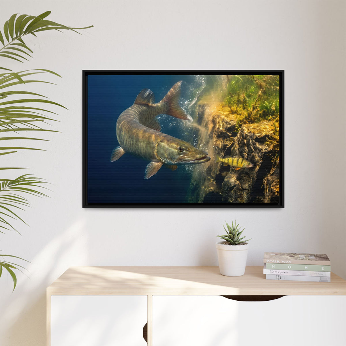 Muskie Drop-Off Chase framed canvas hanging in a living room
