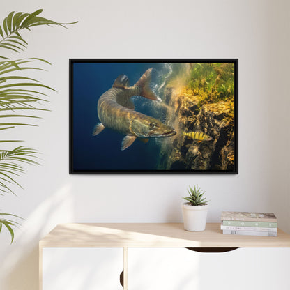 Muskie Drop-Off Chase framed canvas hanging in a living room