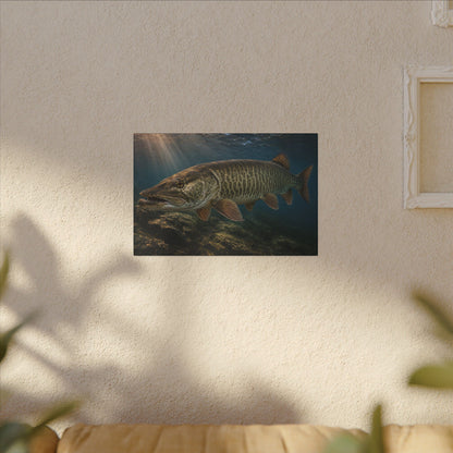 Toothy Close-Up Backlit Muskie canvas hanging in a living room
