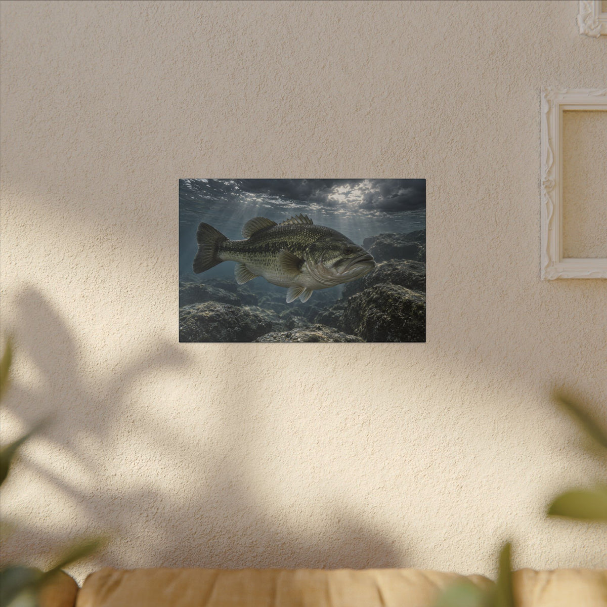 Silver Before the Storm Largemouth Bass canvas hanging in a living room