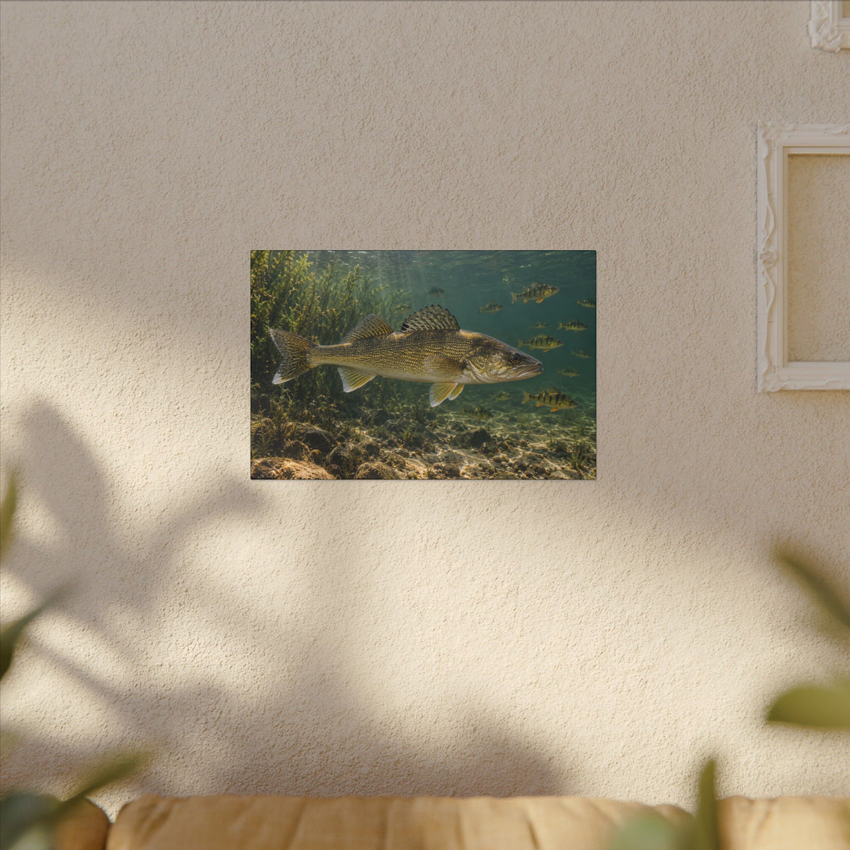 Perch School Ambush Walleye canvas hanging in a living room